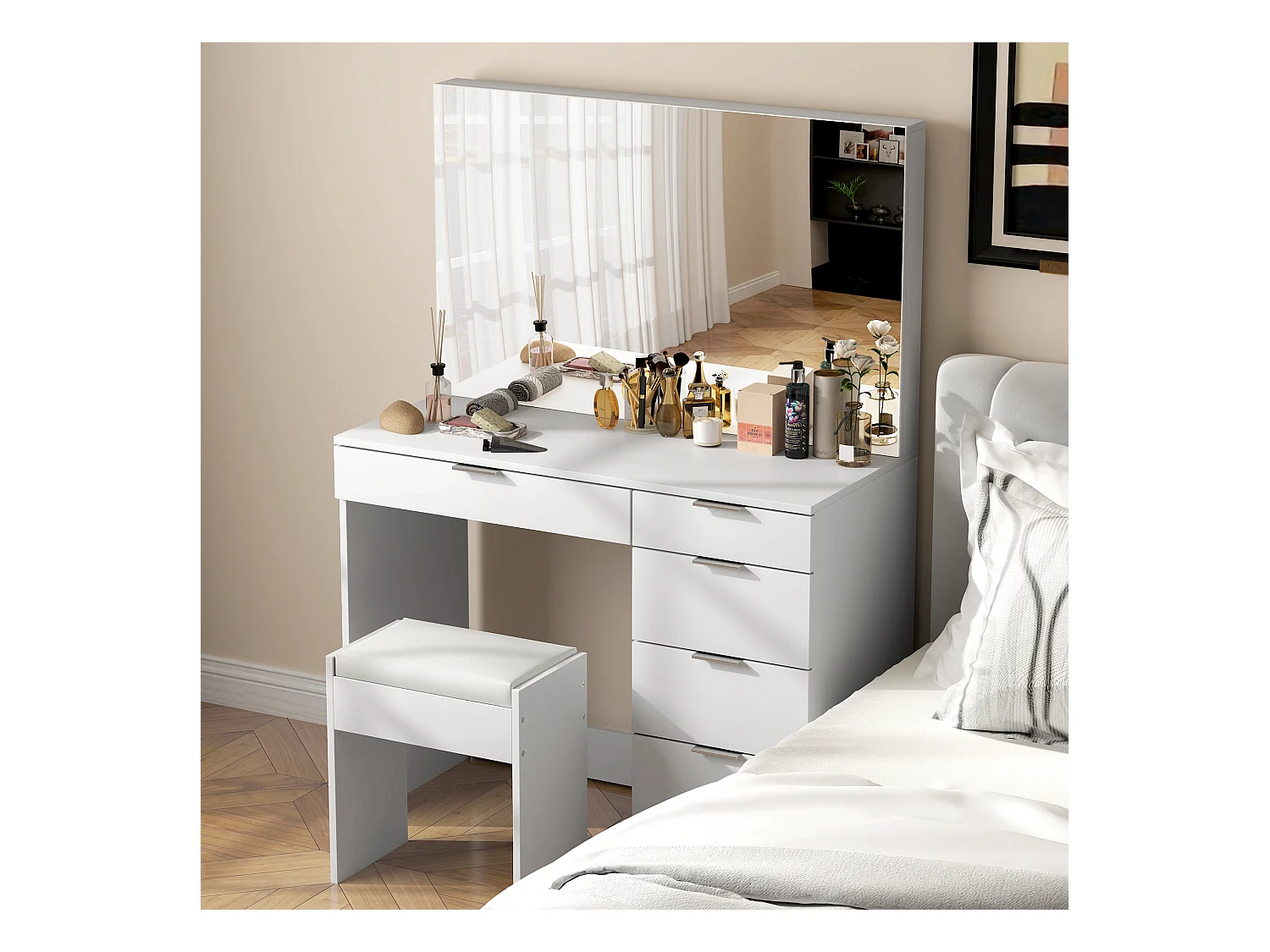 Set tavolo da trucco con specchio e 5 cassetti e sgabello bianco
