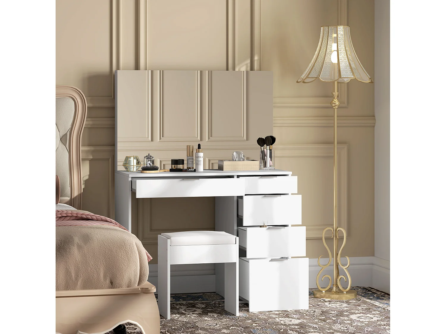Set tavolo da trucco con specchio e 5 cassetti e sgabello bianco