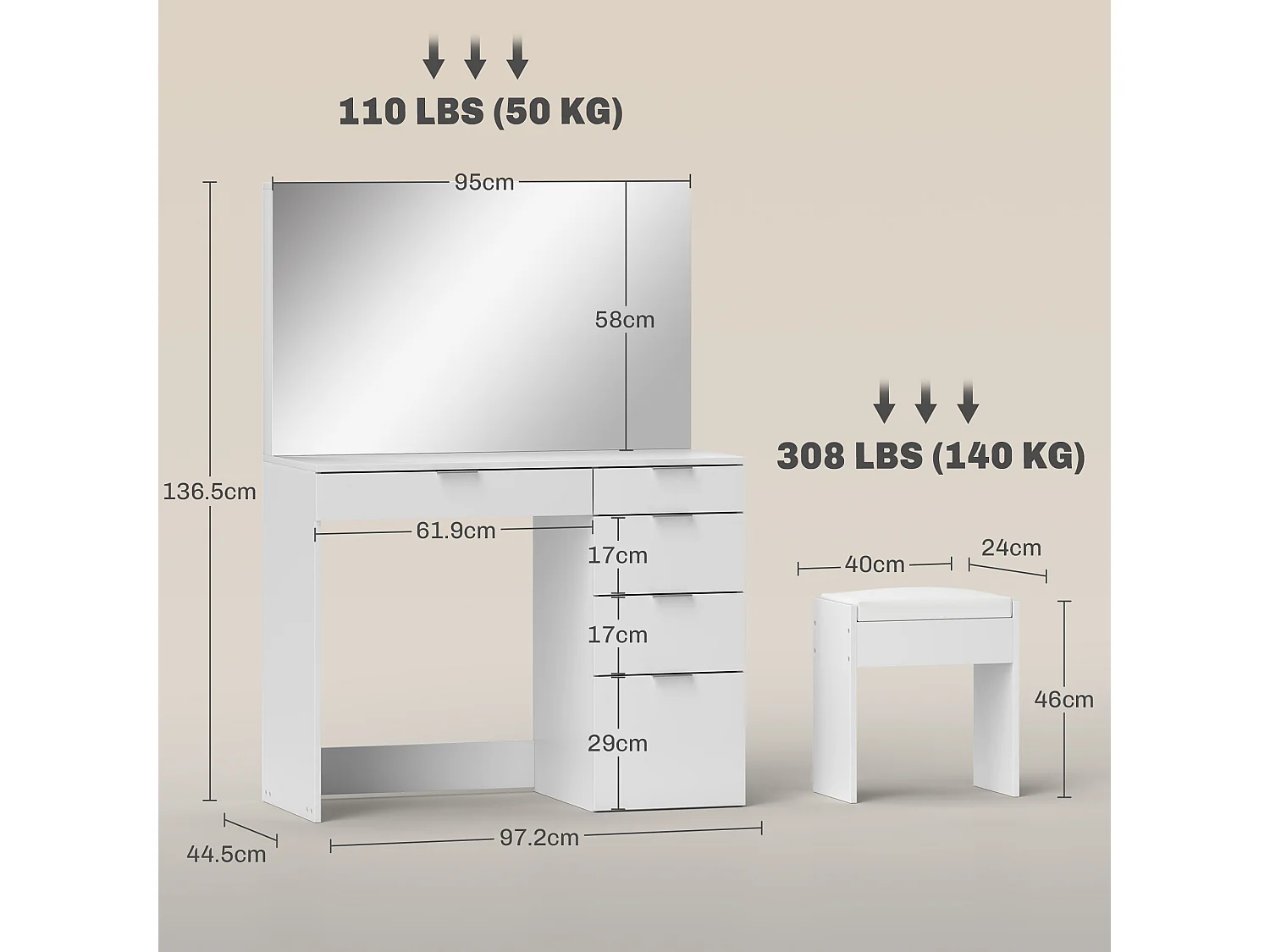 Set tavolo da trucco con specchio e 5 cassetti e sgabello bianco