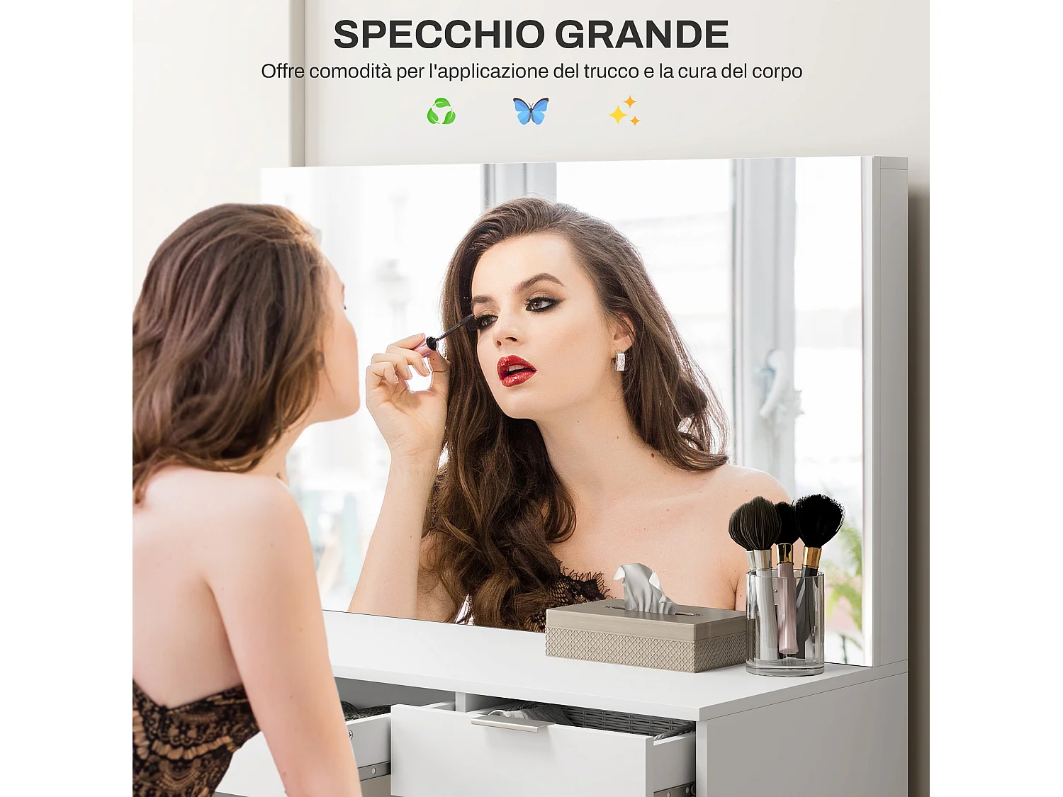 Set tavolo da trucco con specchio e 5 cassetti e sgabello bianco