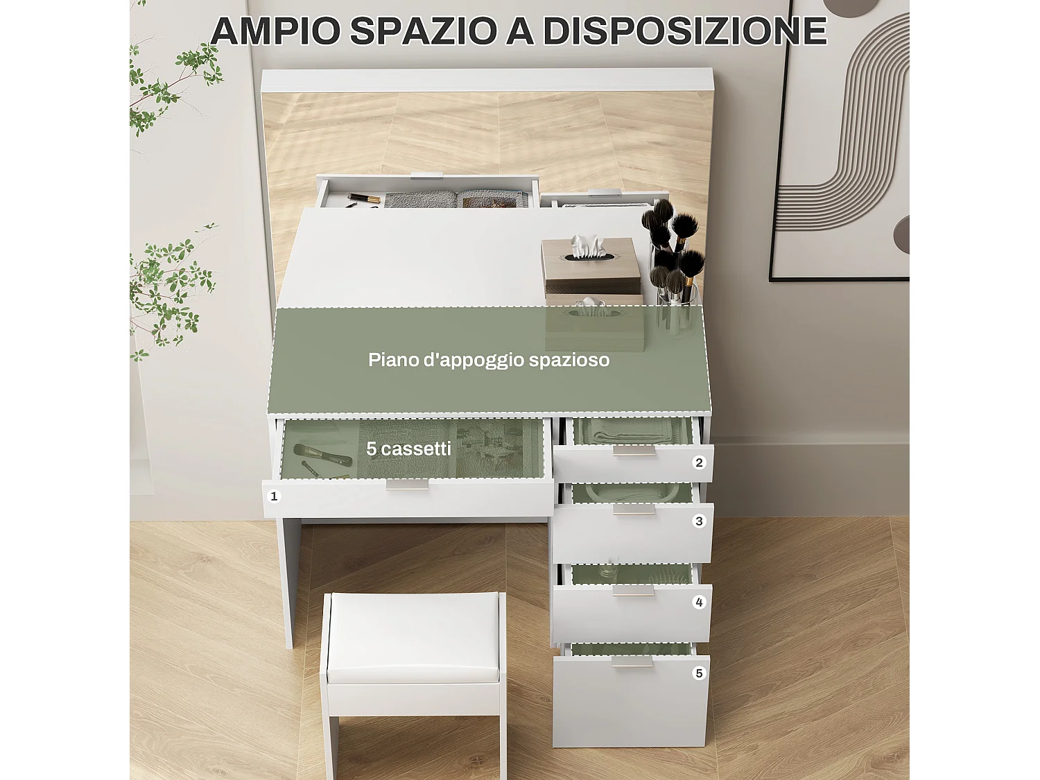 Set tavolo da trucco con specchio e 5 cassetti e sgabello bianco