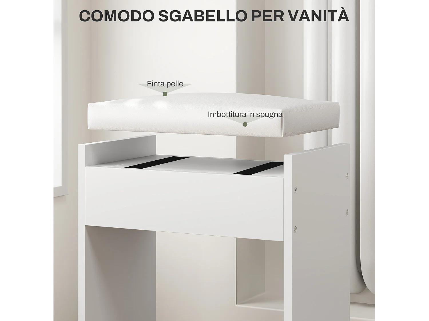 Set tavolo da trucco con specchio e 5 cassetti e sgabello bianco