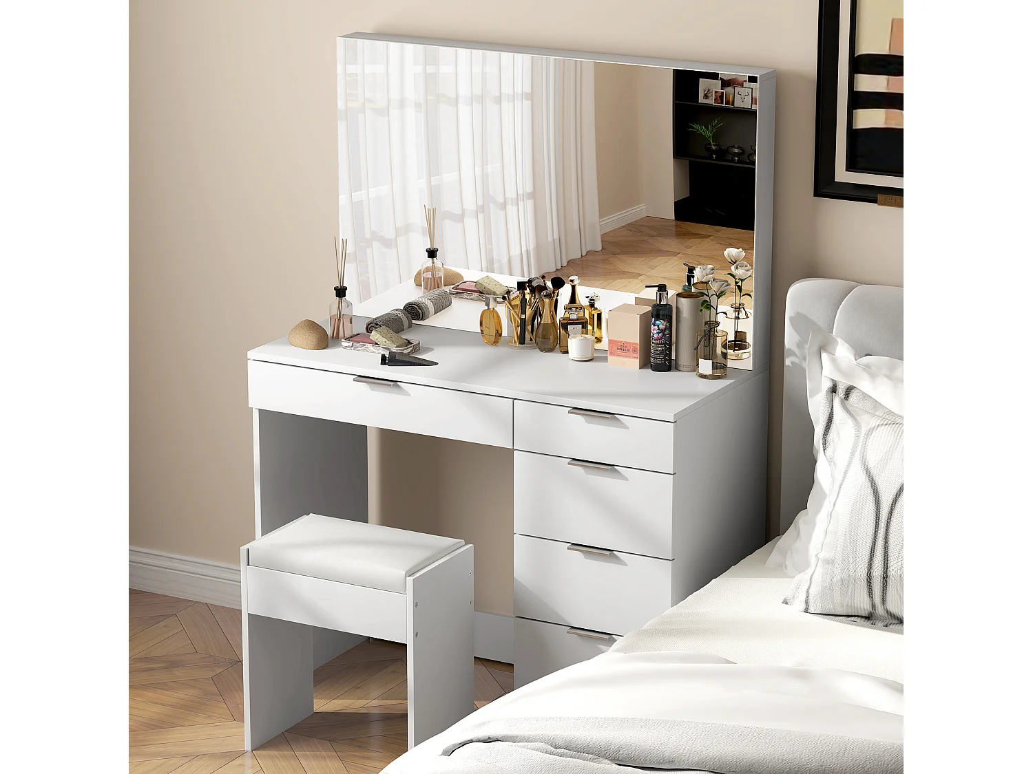 Set tavolo da trucco con specchio e 5 cassetti e sgabello bianco