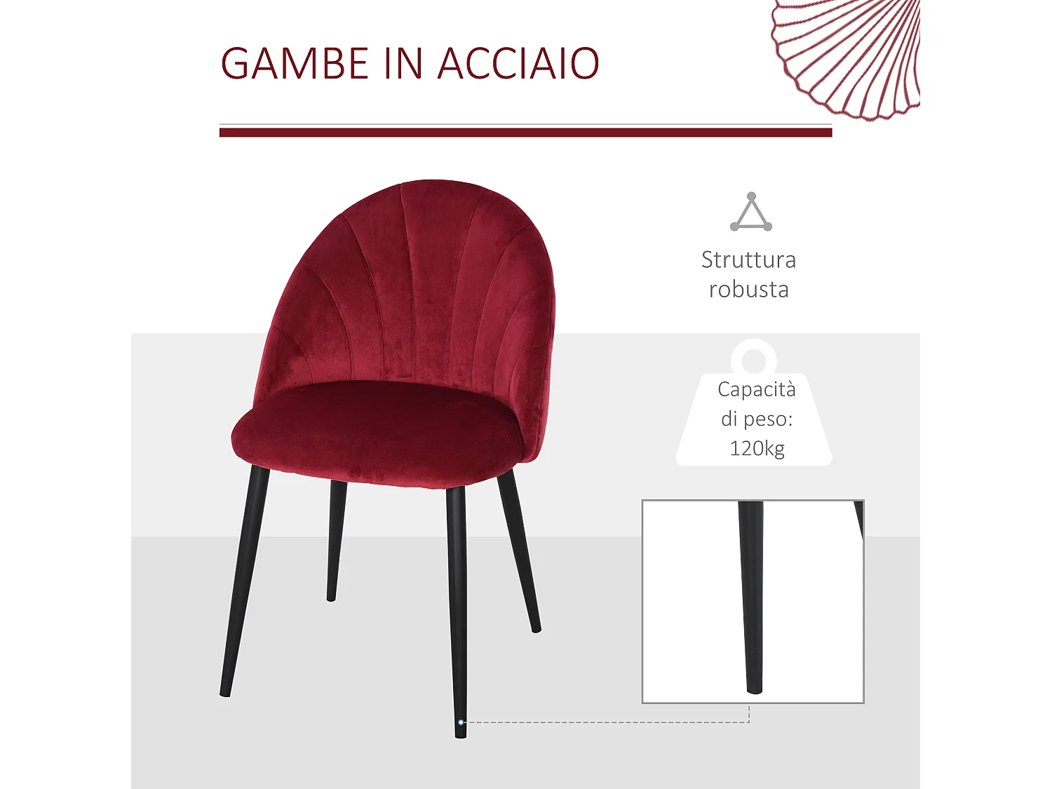 Set 2 sedie da pranzo vellutate stile nordico 52x54x79 cm rosso scuro