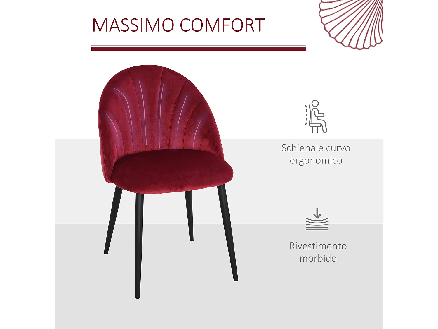Set 2 sedie da pranzo vellutate stile nordico 52x54x79 cm rosso scuro