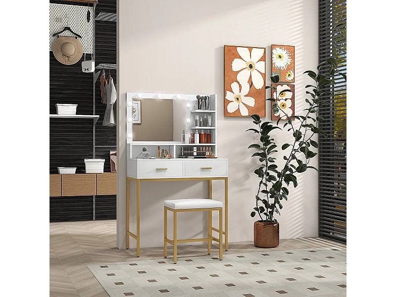 Mobile toeletta con specchio e sgabello in truciolato e mdf bianco