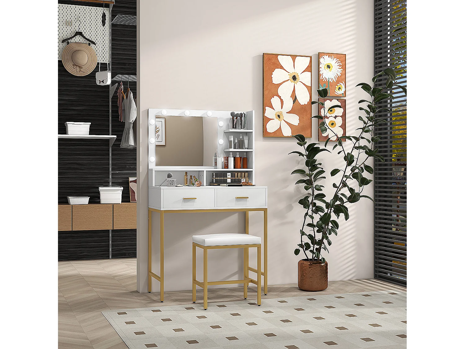 Mobile toeletta con specchio e sgabello in truciolato e mdf bianco