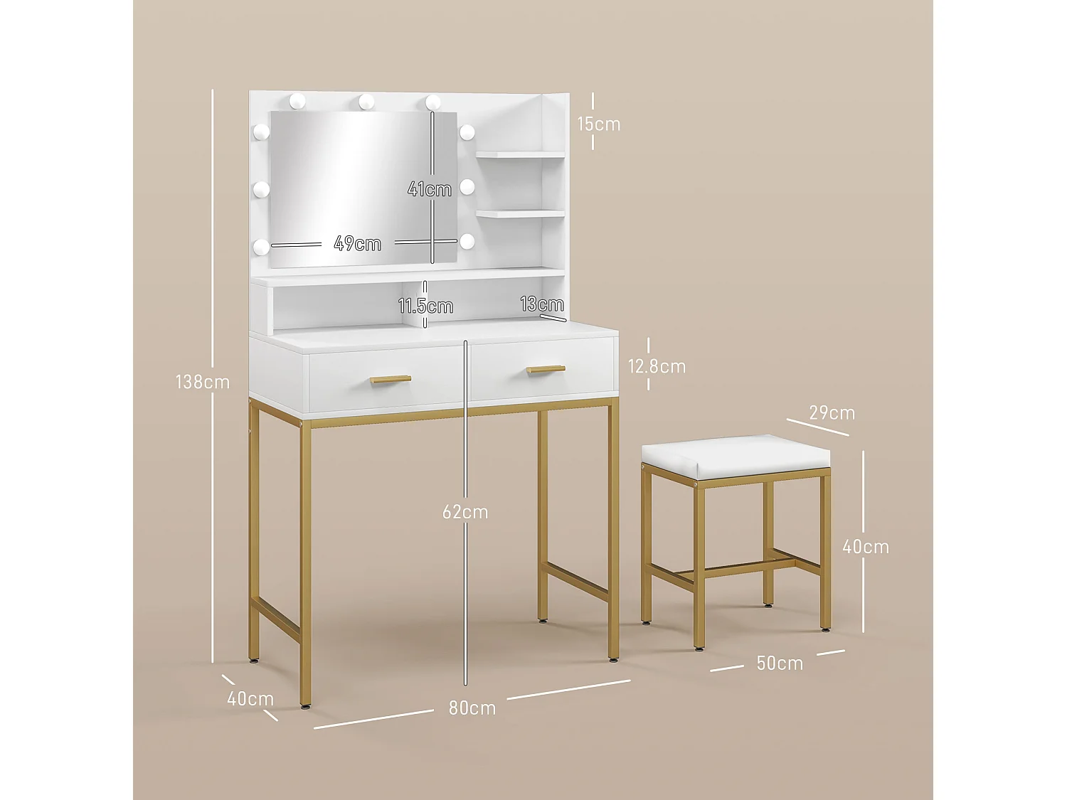 Mobile toeletta con specchio e sgabello in truciolato e mdf bianco