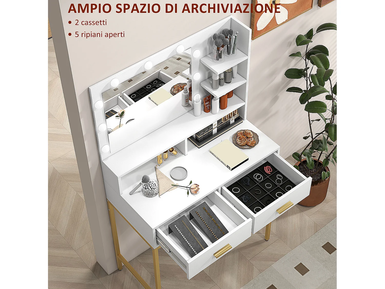 Mobile toeletta con specchio e sgabello in truciolato e mdf bianco