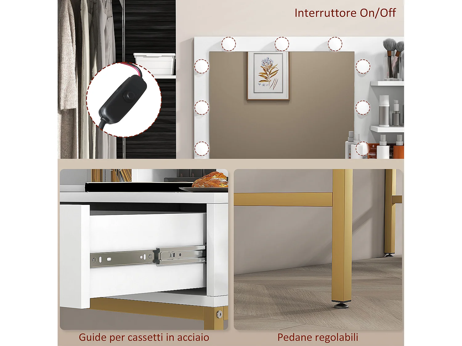 Mobile toeletta con specchio e sgabello in truciolato e mdf bianco