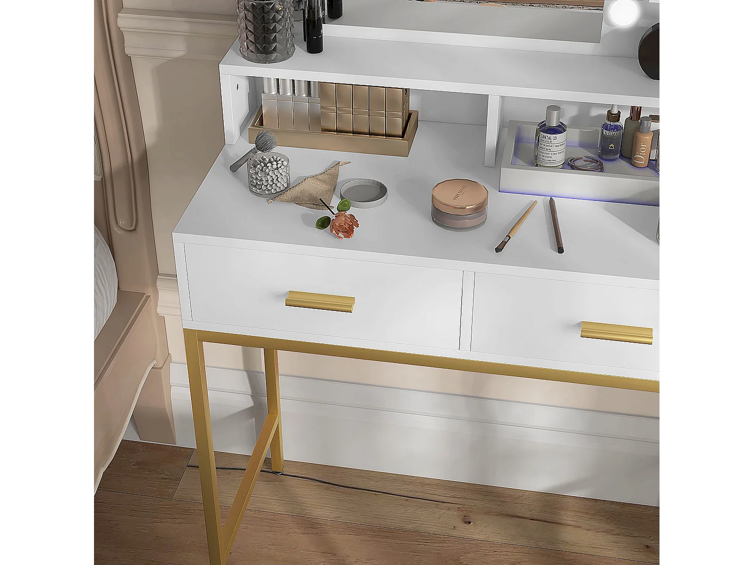 Mobile toeletta con specchio e sgabello in truciolato e mdf bianco