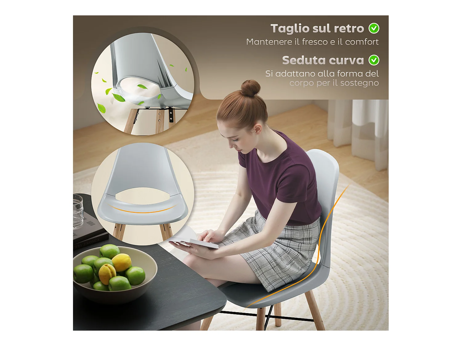 Set di 2 sedie da pranzo stile nordico in legno e plastica grigio