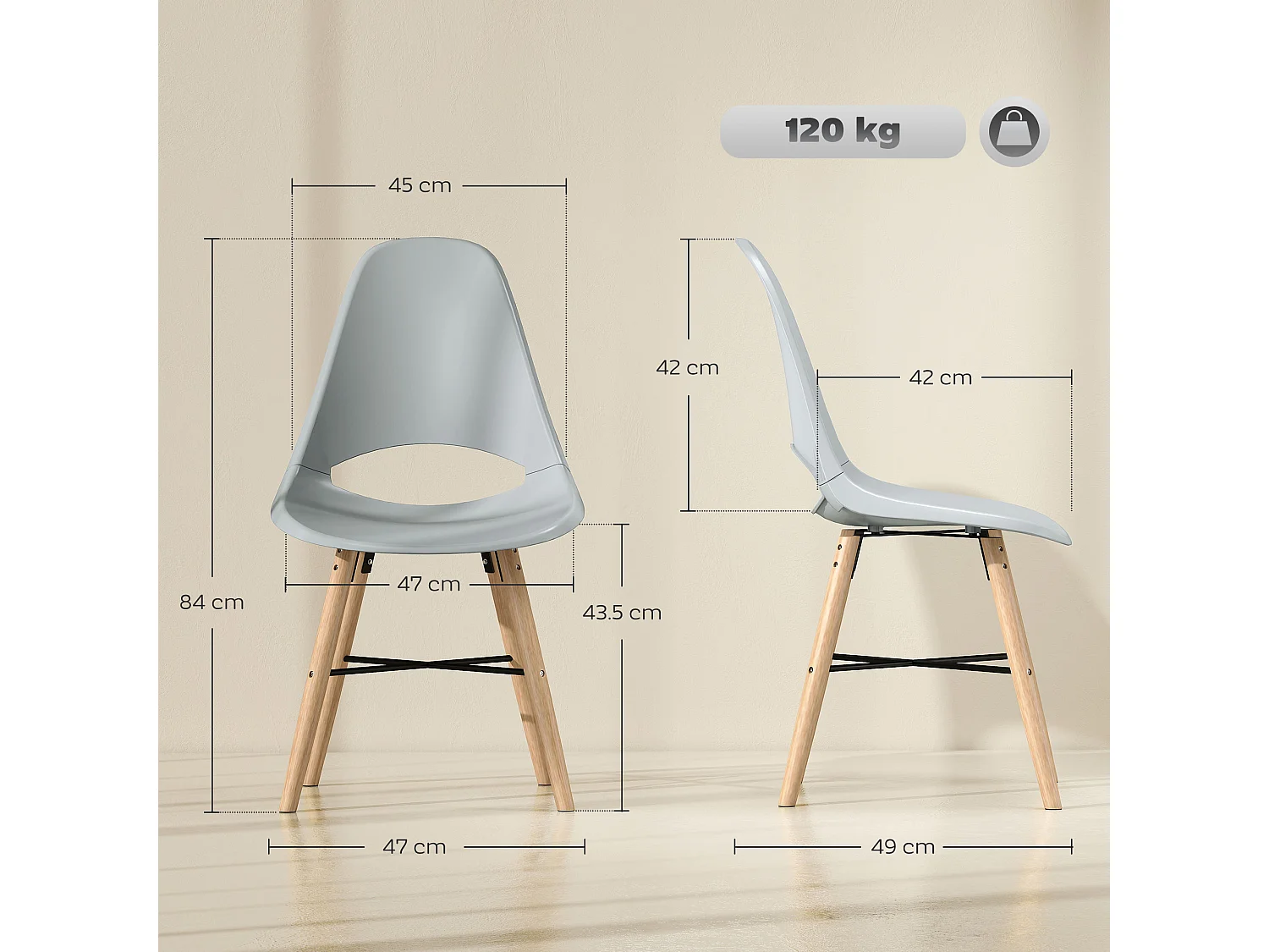 Set di 2 sedie da pranzo stile nordico in legno e plastica grigio