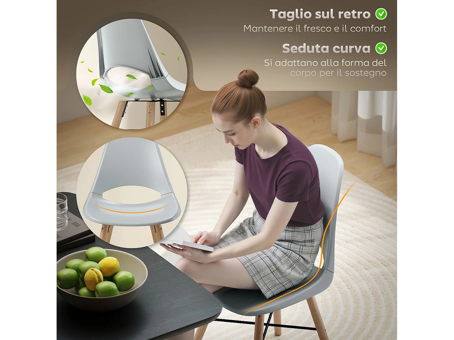 Set di 2 sedie da pranzo stile nordico in legno e plastica grigio