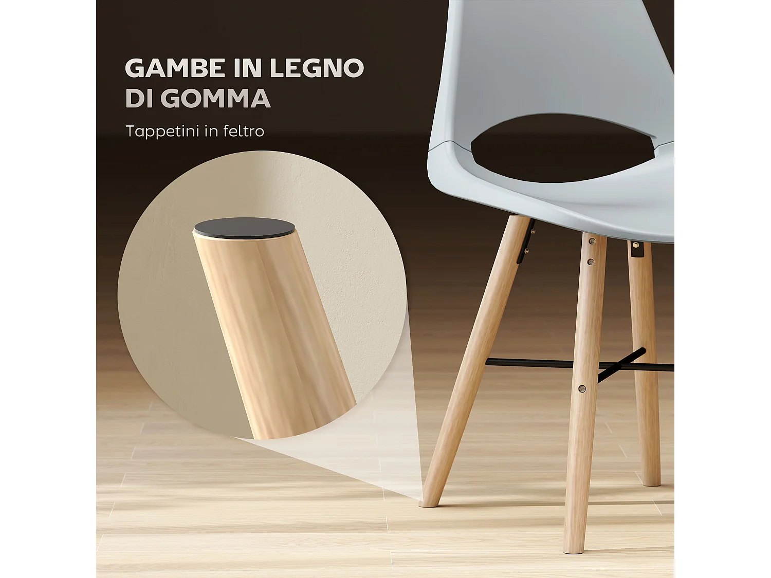 Set di 2 sedie da pranzo stile nordico in legno e plastica grigio