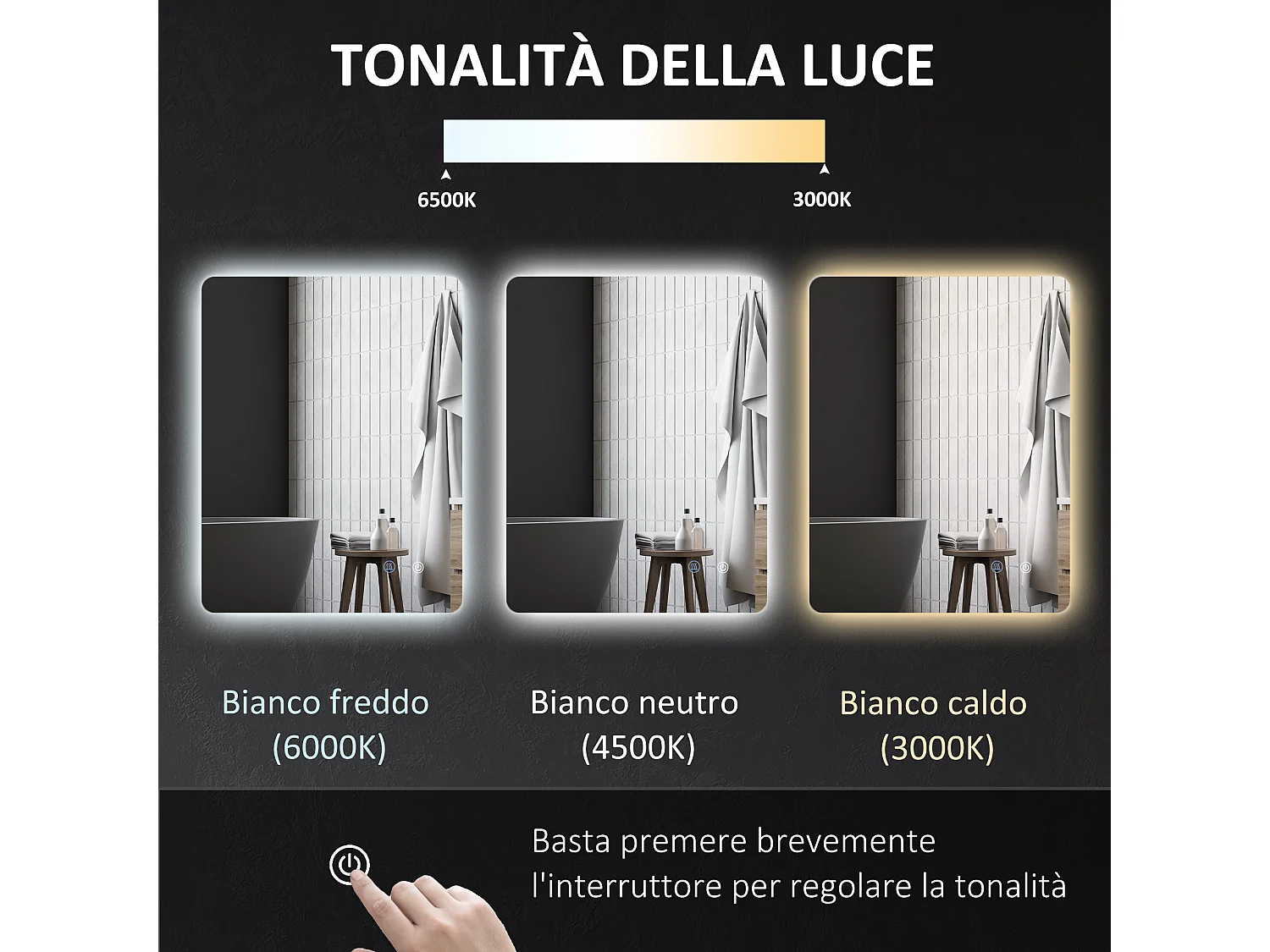 Specchio bagno con luce led regolabile e anti-appannamento 70x50 cm