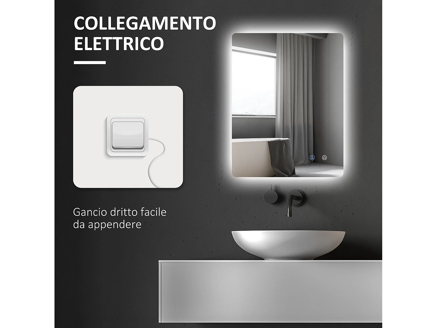 Specchio bagno con luce led regolabile e anti-appannamento 70x50 cm