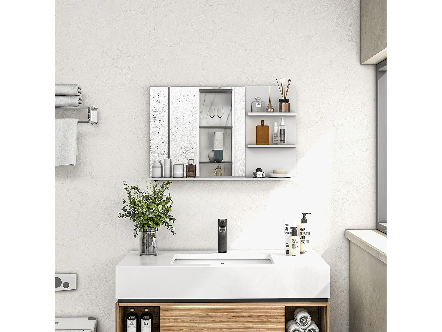 Specchio da bagno con 2 ripiani laterali e ripiano inferiore