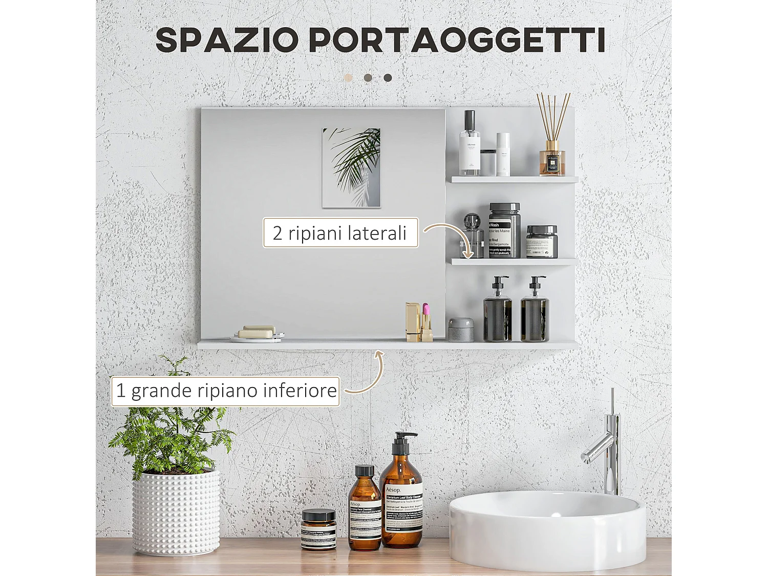 Specchio da bagno con 2 ripiani laterali e ripiano inferiore