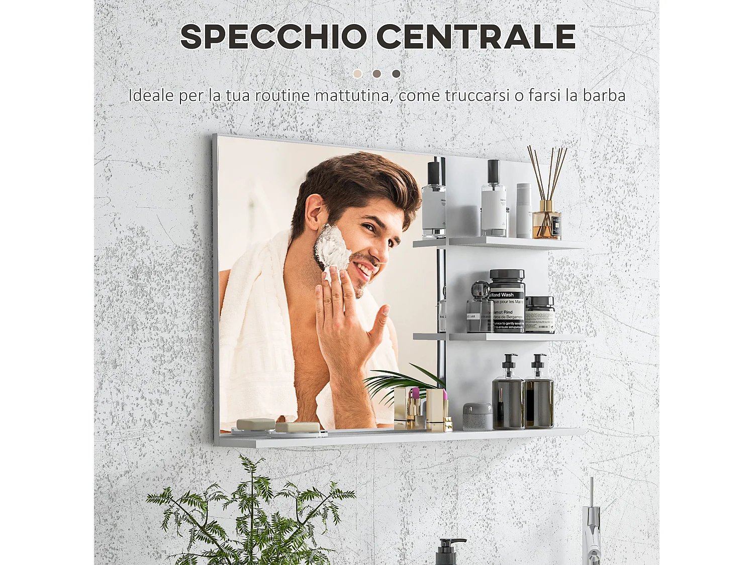 Specchio da bagno con 2 ripiani laterali e ripiano inferiore