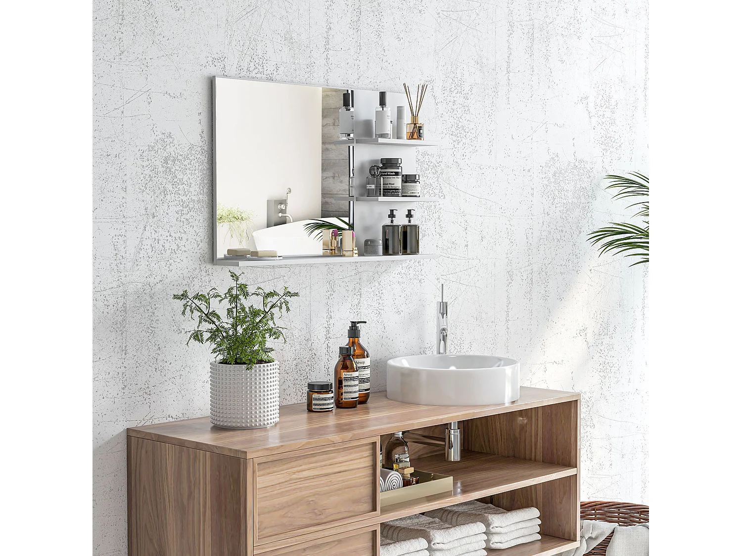 Specchio da bagno con 2 ripiani laterali e ripiano inferiore