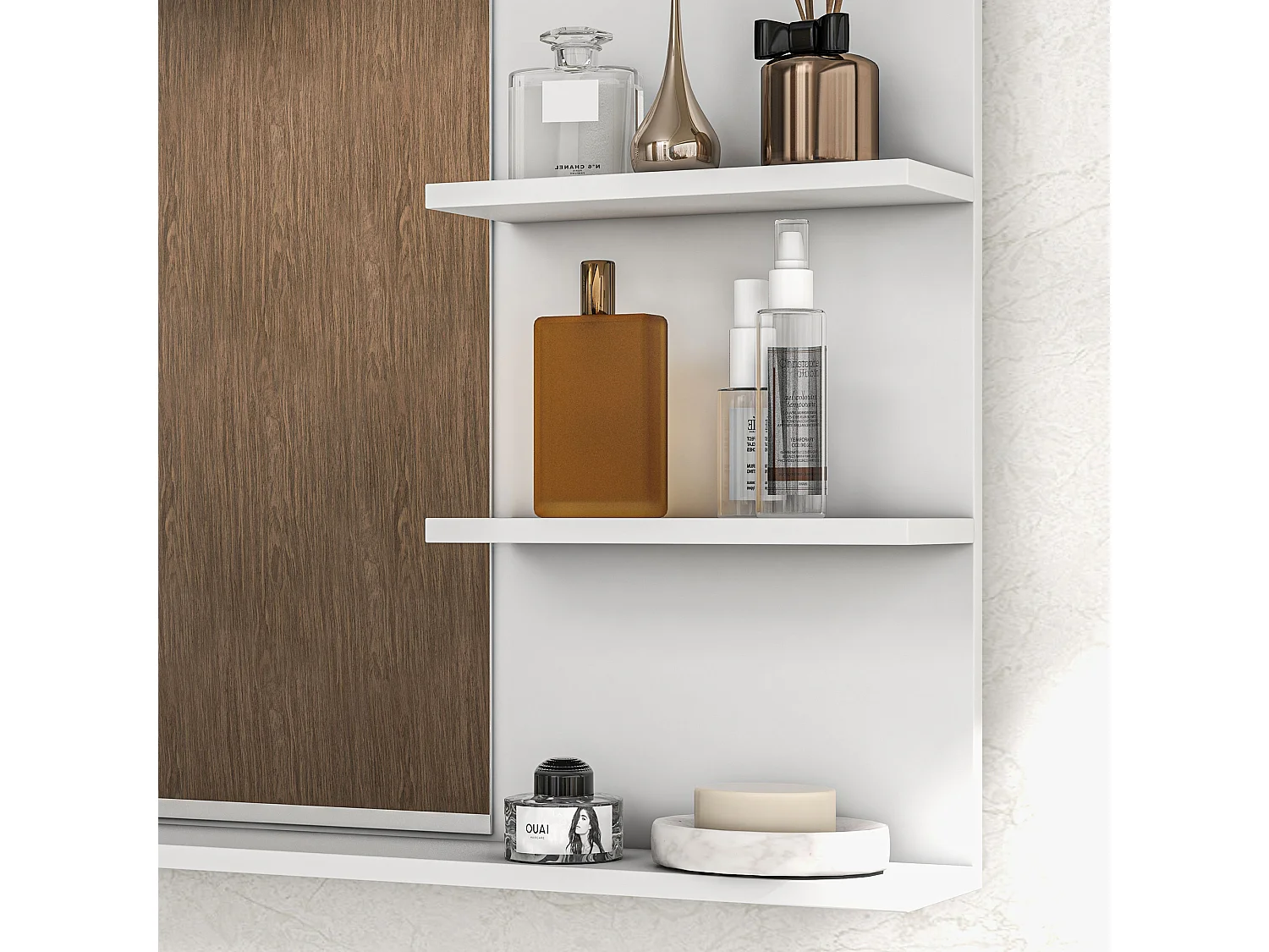 Specchio da bagno con 2 ripiani laterali e ripiano inferiore