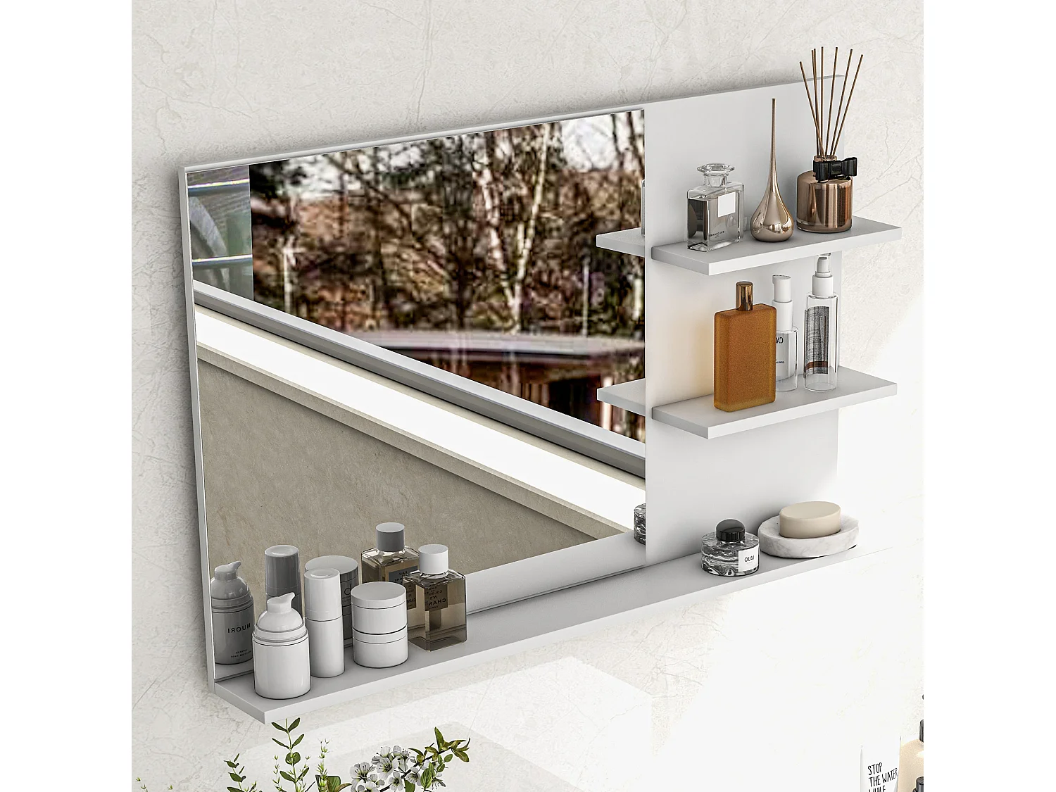 Specchio da bagno con 2 ripiani laterali e ripiano inferiore