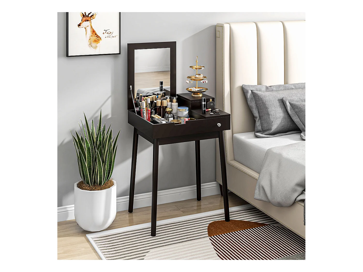 Tavolo da trucco 2 in 1 con specchio ribaltabile e 2 cassetti nero