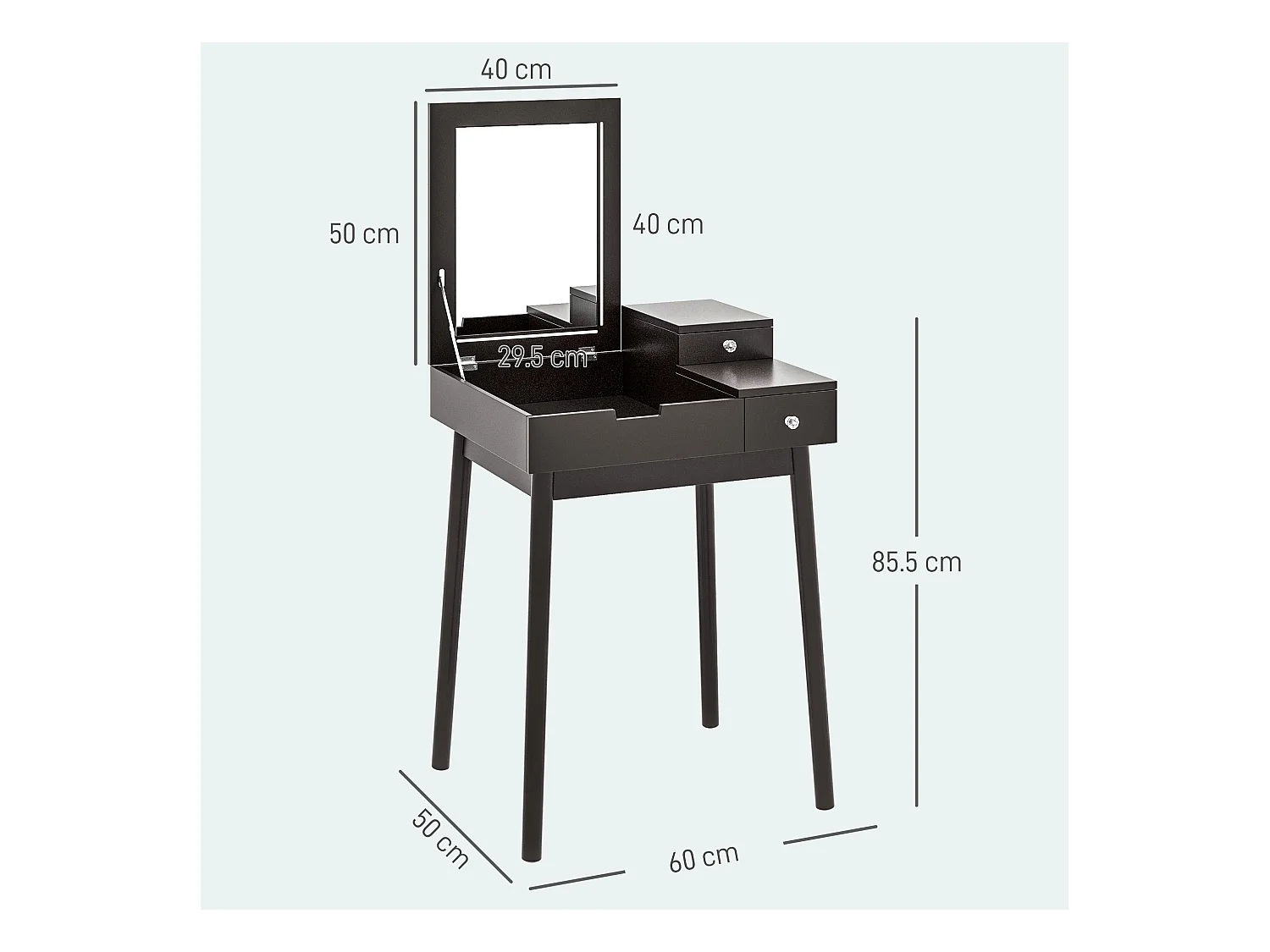 Tavolo da trucco 2 in 1 con specchio ribaltabile e 2 cassetti nero