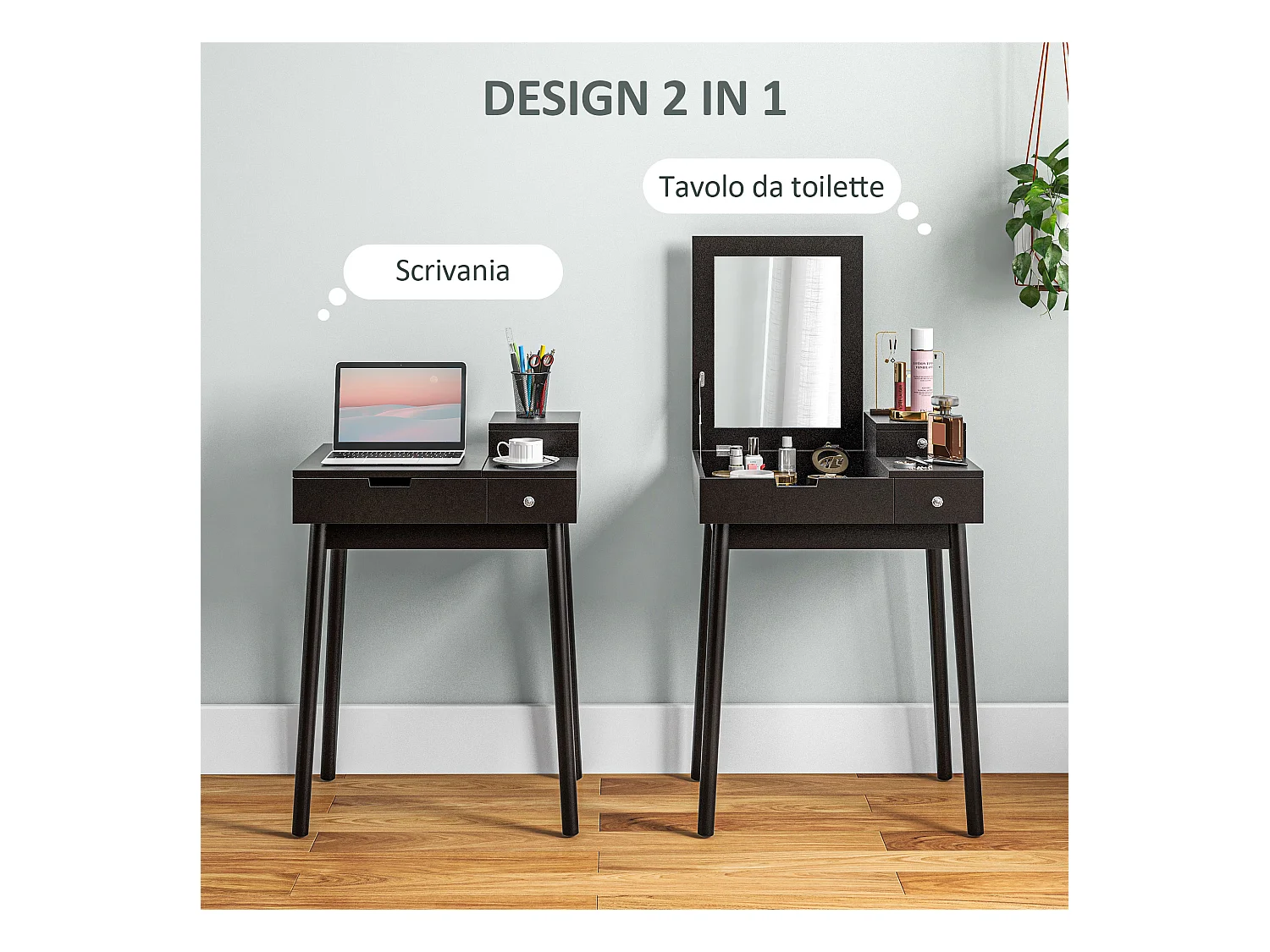 Tavolo da trucco 2 in 1 con specchio ribaltabile e 2 cassetti nero