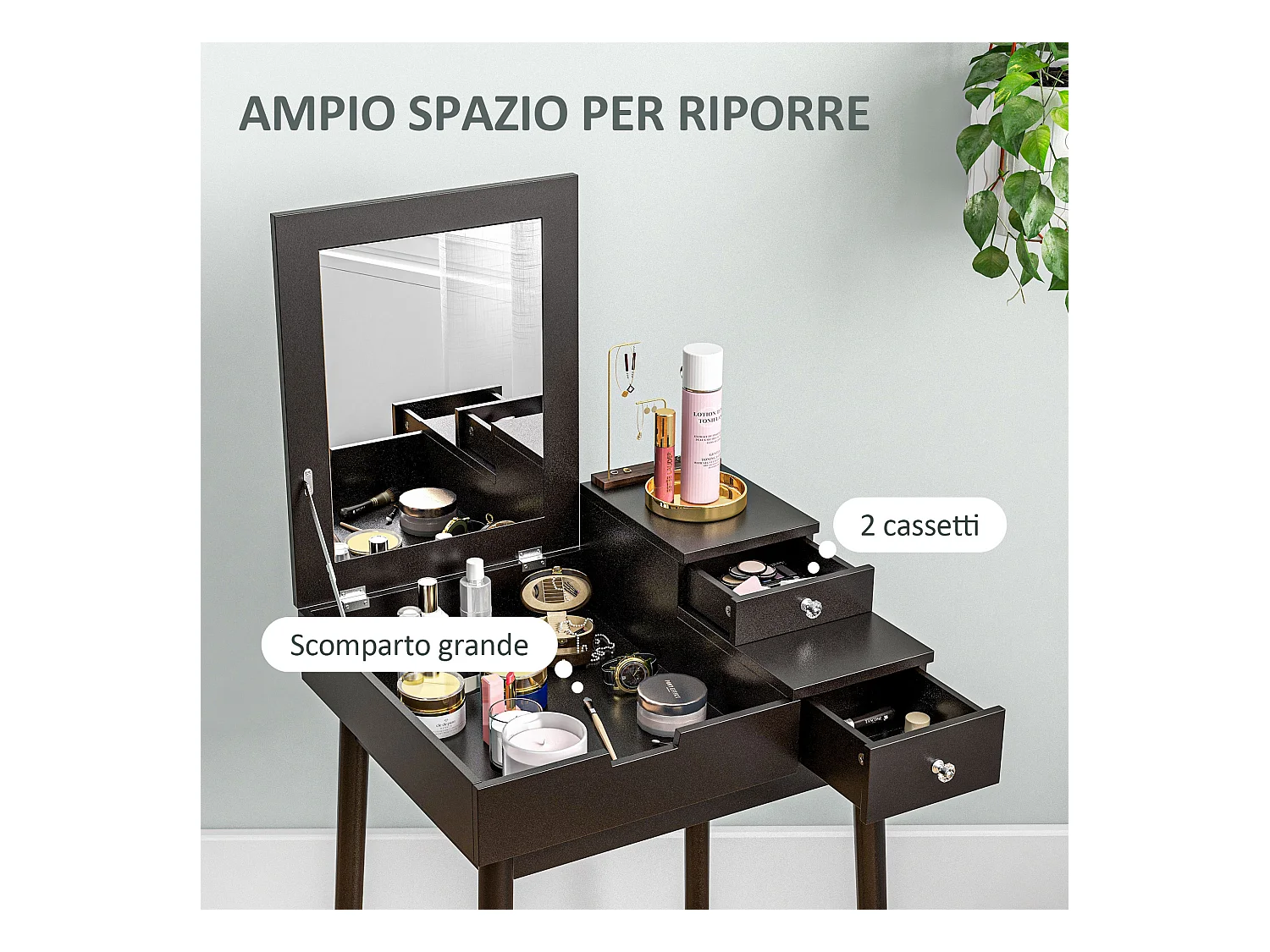 Tavolo da trucco 2 in 1 con specchio ribaltabile e 2 cassetti nero