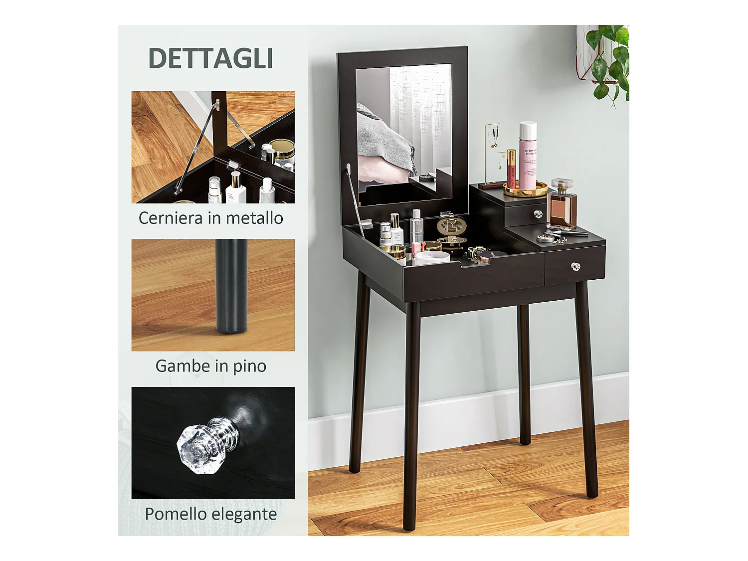 Tavolo da trucco 2 in 1 con specchio ribaltabile e 2 cassetti nero