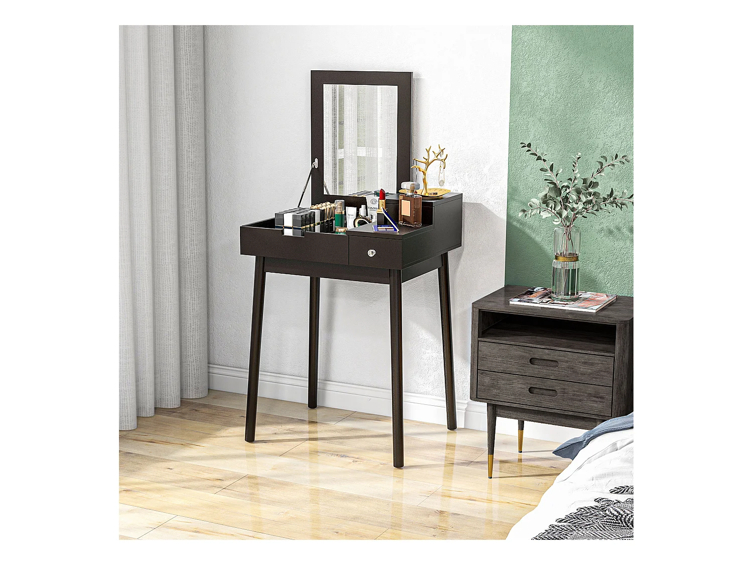 Tavolo da trucco 2 in 1 con specchio ribaltabile e 2 cassetti nero