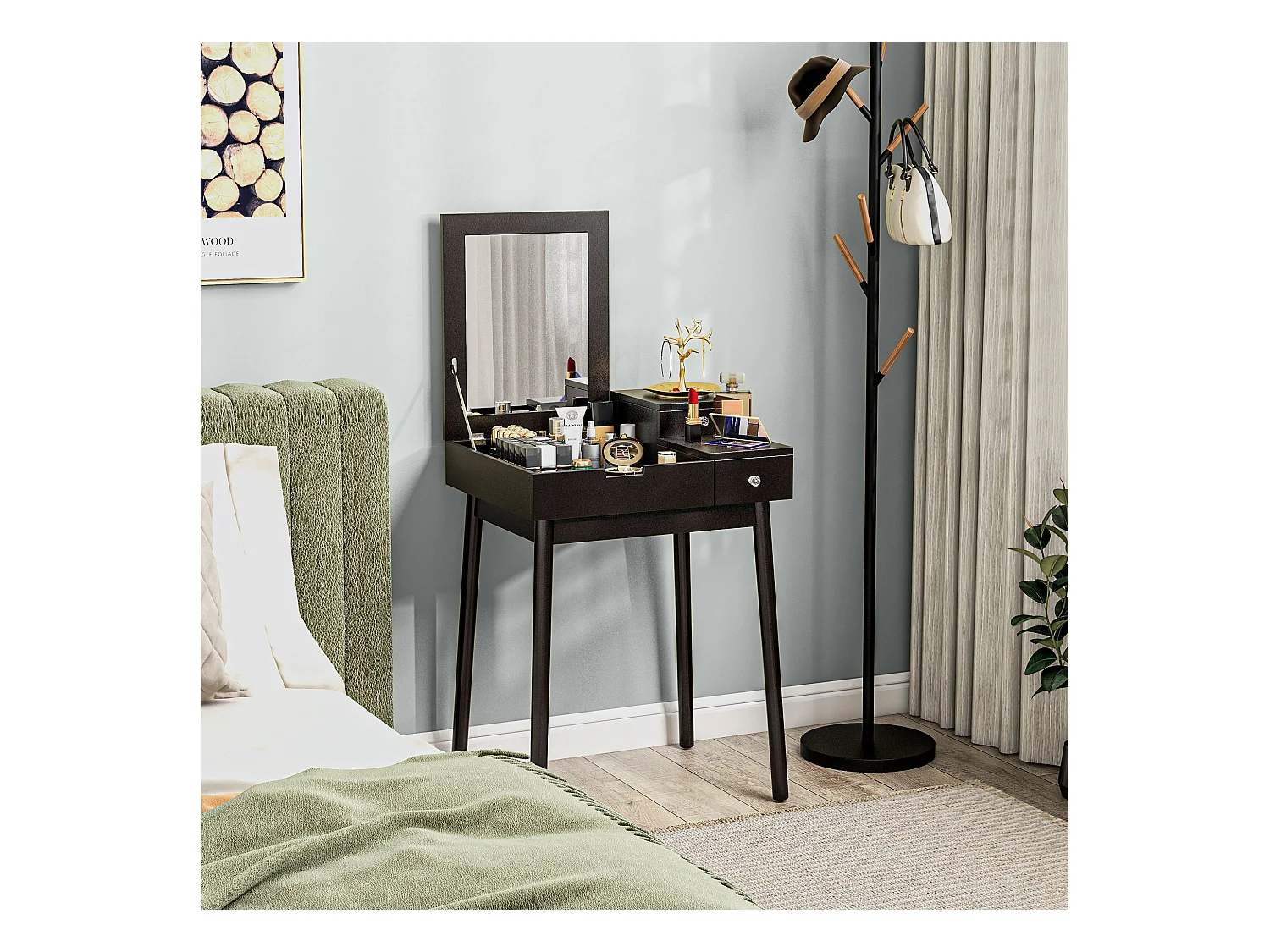 Tavolo da trucco 2 in 1 con specchio ribaltabile e 2 cassetti nero