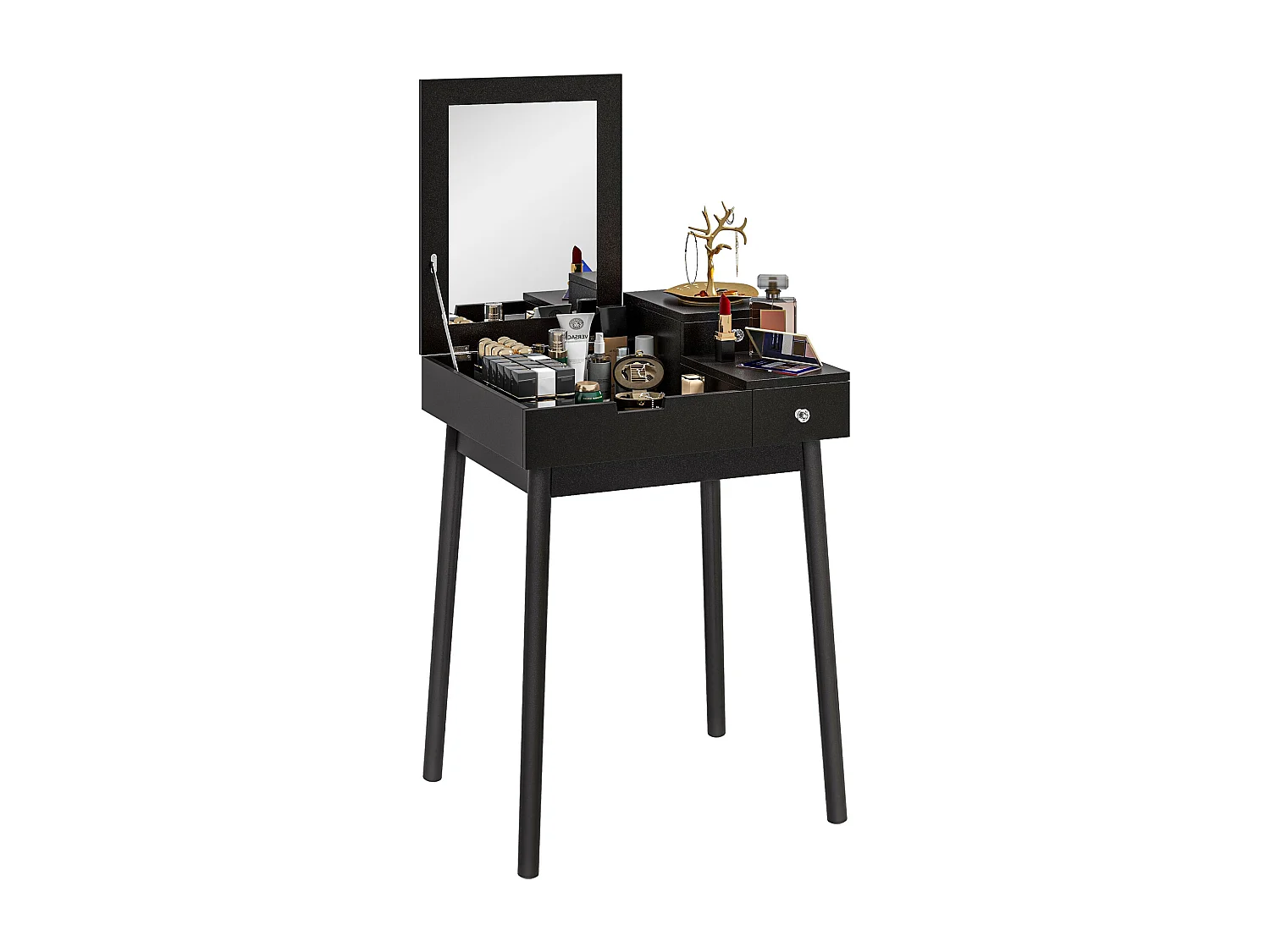 Tavolo da trucco 2 in 1 con specchio ribaltabile e 2 cassetti nero