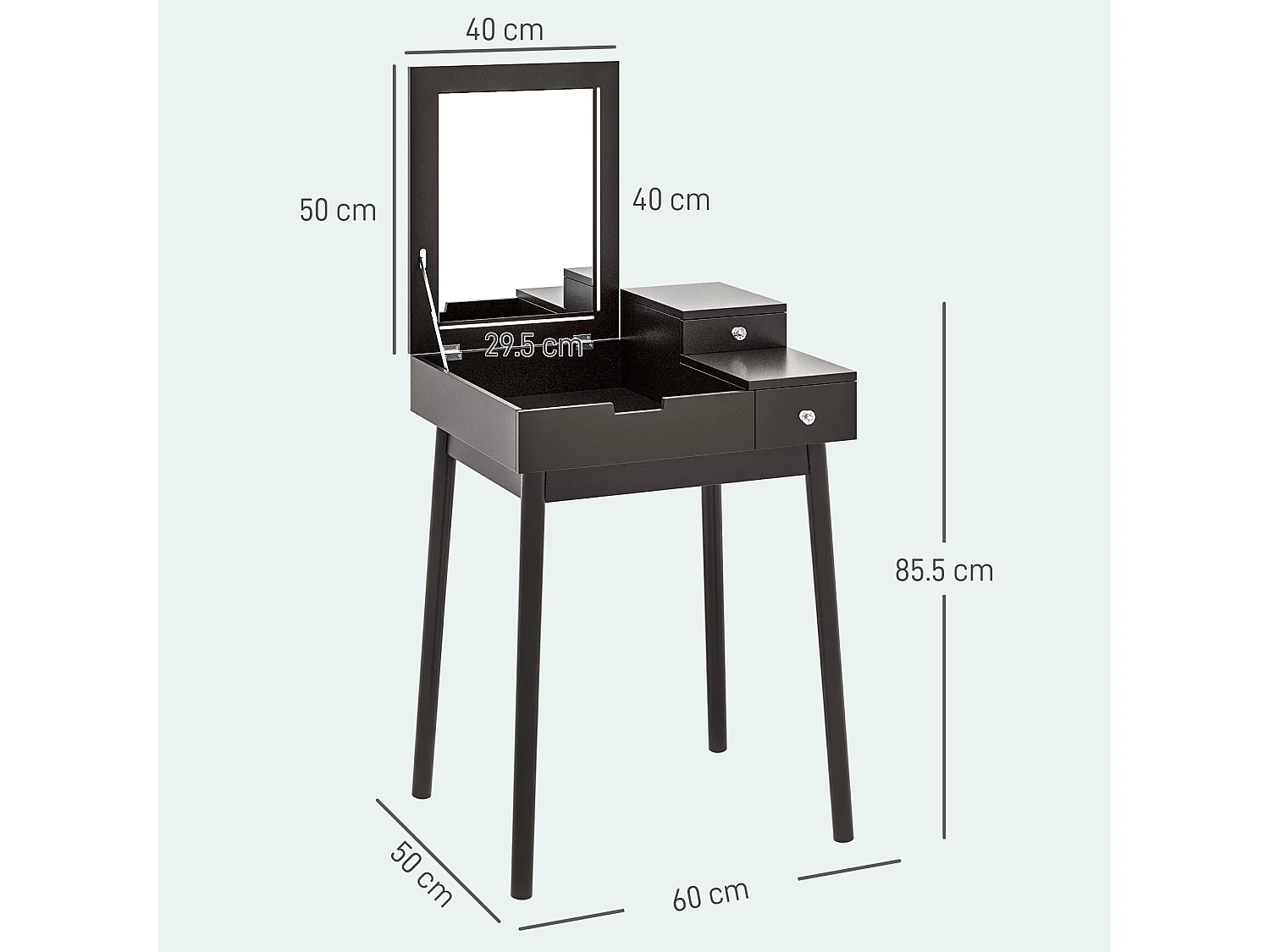 Tavolo da trucco 2 in 1 con specchio ribaltabile e 2 cassetti nero