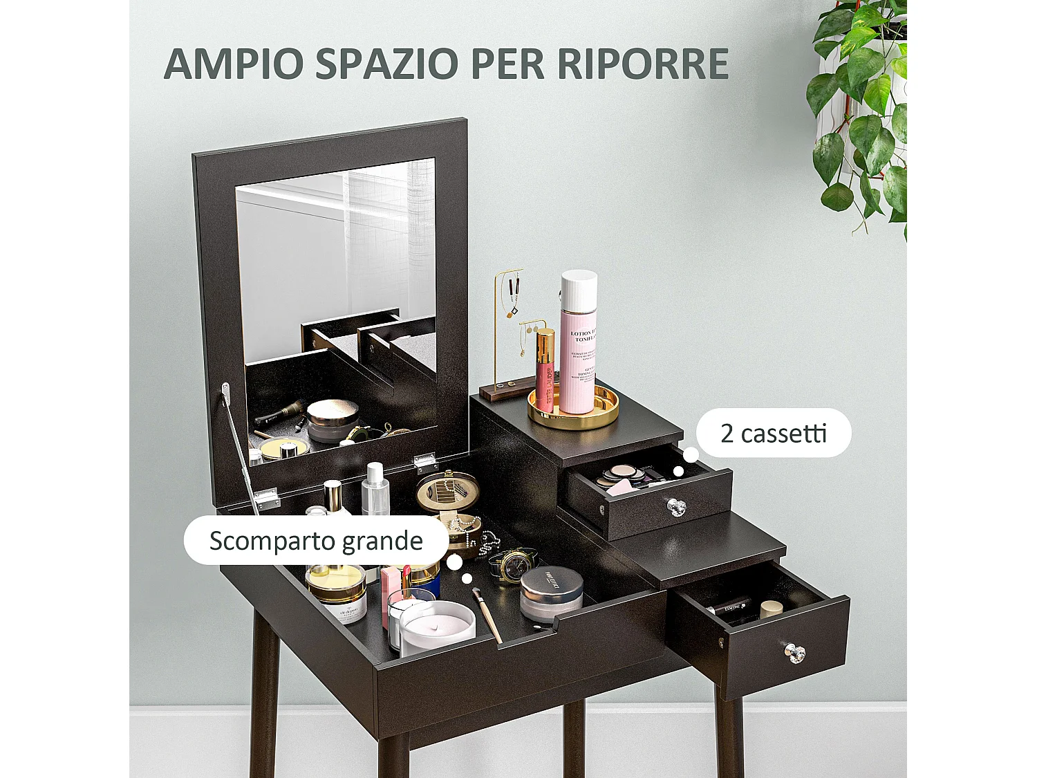 Tavolo da trucco 2 in 1 con specchio ribaltabile e 2 cassetti nero