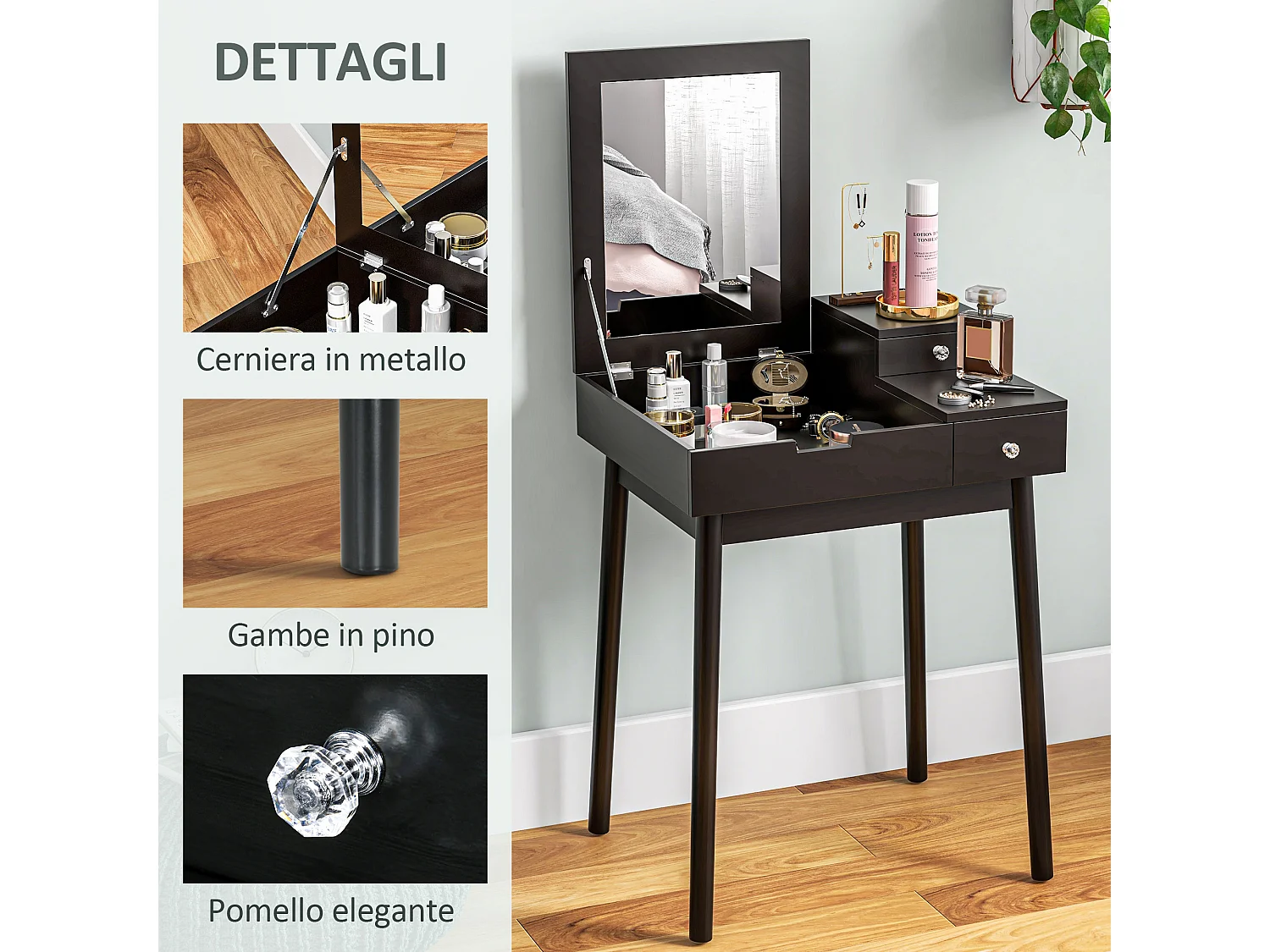 Tavolo da trucco 2 in 1 con specchio ribaltabile e 2 cassetti nero
