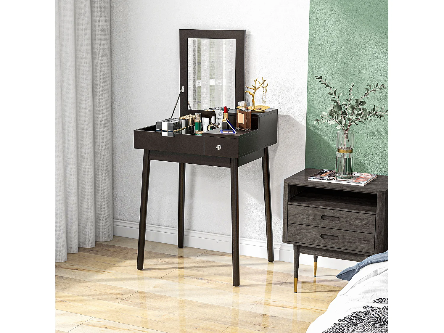 Tavolo da trucco 2 in 1 con specchio ribaltabile e 2 cassetti nero