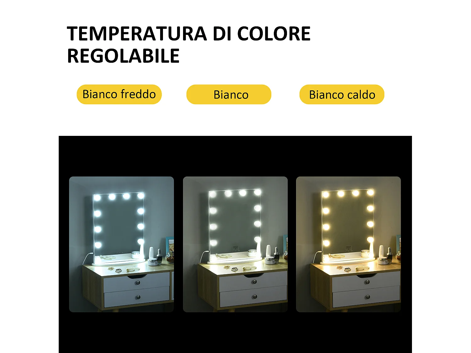 Specchio da tavolo professionale makeup con 12 luci a led dimmerabili