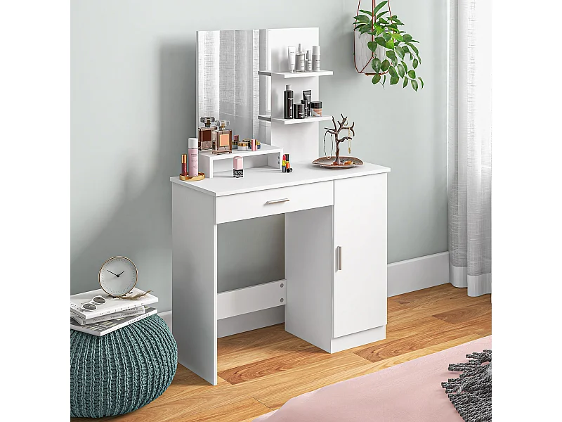 Tavolo per trucco con mobile, cassetto, ripiani e specchio bianco