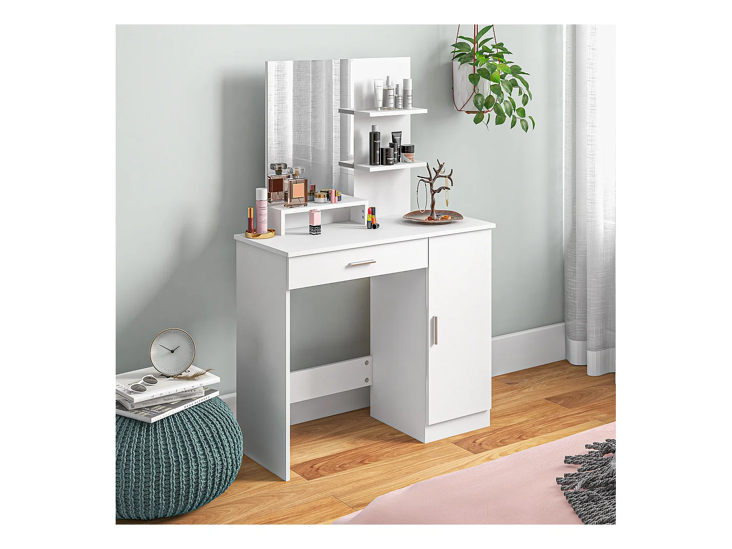 Tavolo per trucco con mobile, cassetto, ripiani e specchio bianco