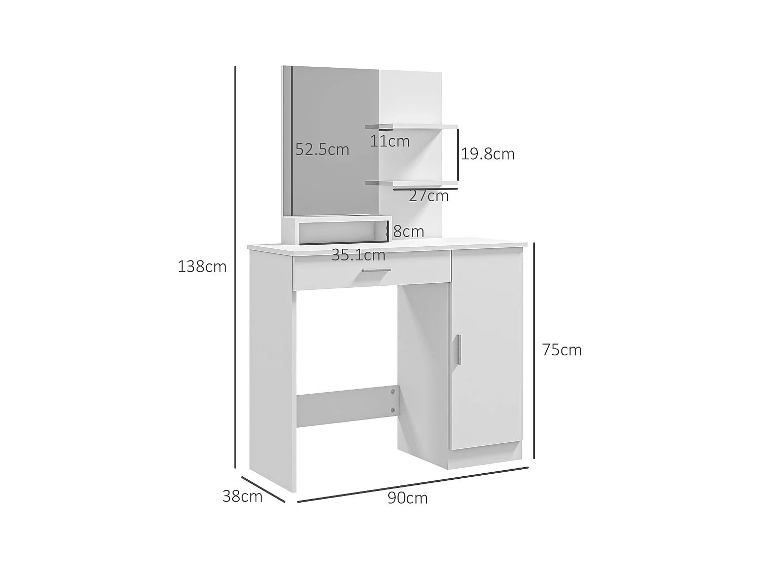 Tavolo per trucco con mobile, cassetto, ripiani e specchio bianco