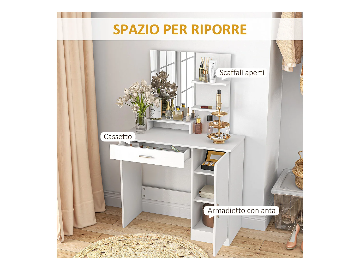 Tavolo per trucco con mobile, cassetto, ripiani e specchio bianco