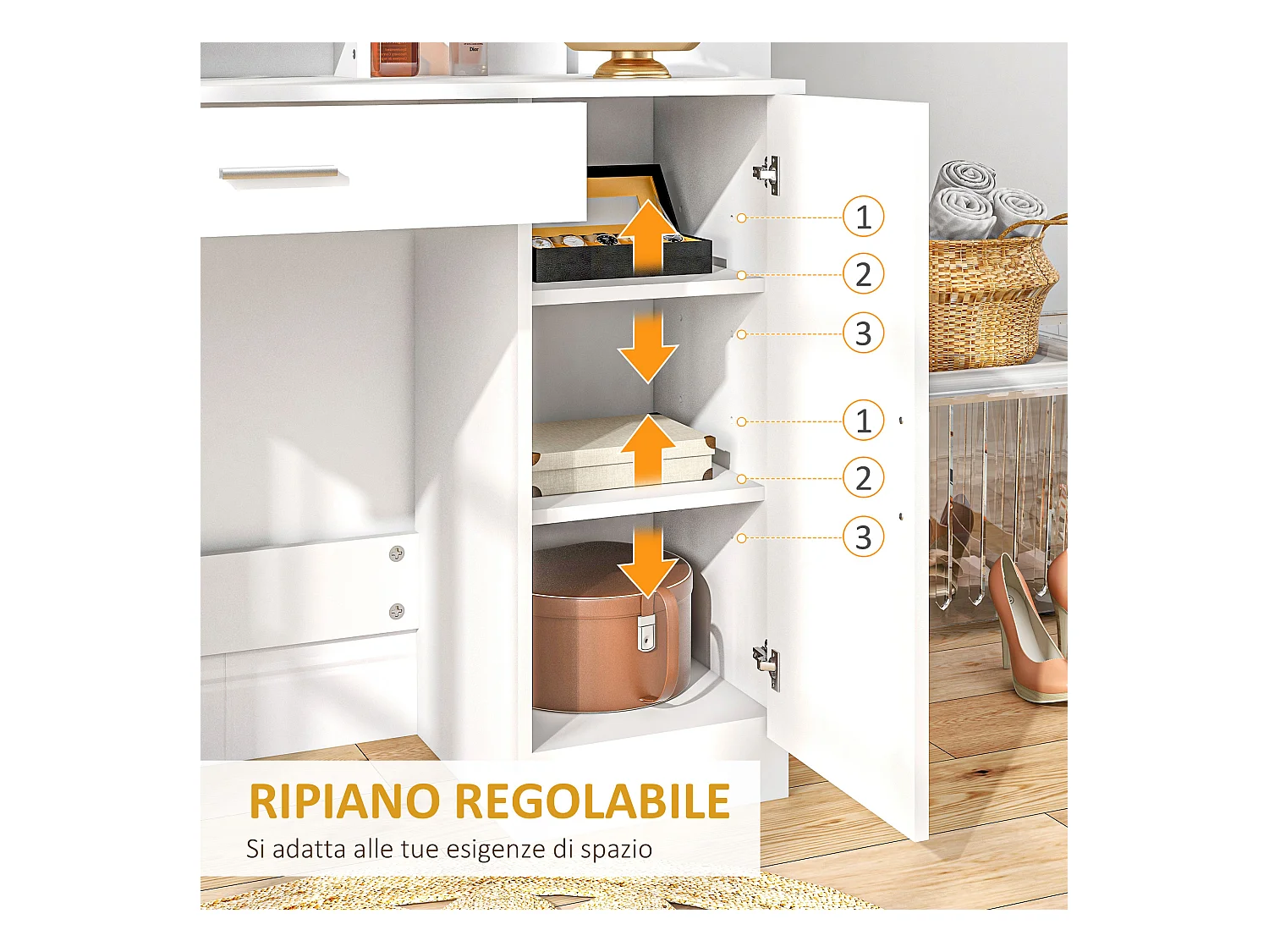 Tavolo per trucco con mobile, cassetto, ripiani e specchio bianco