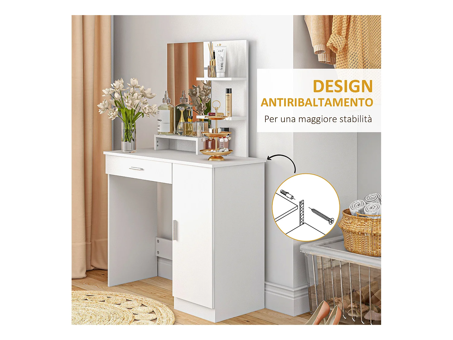 Tavolo per trucco con mobile, cassetto, ripiani e specchio bianco