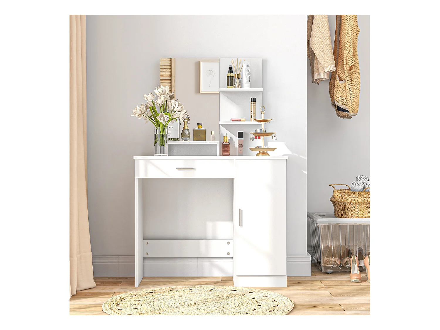 Tavolo per trucco con mobile, cassetto, ripiani e specchio bianco