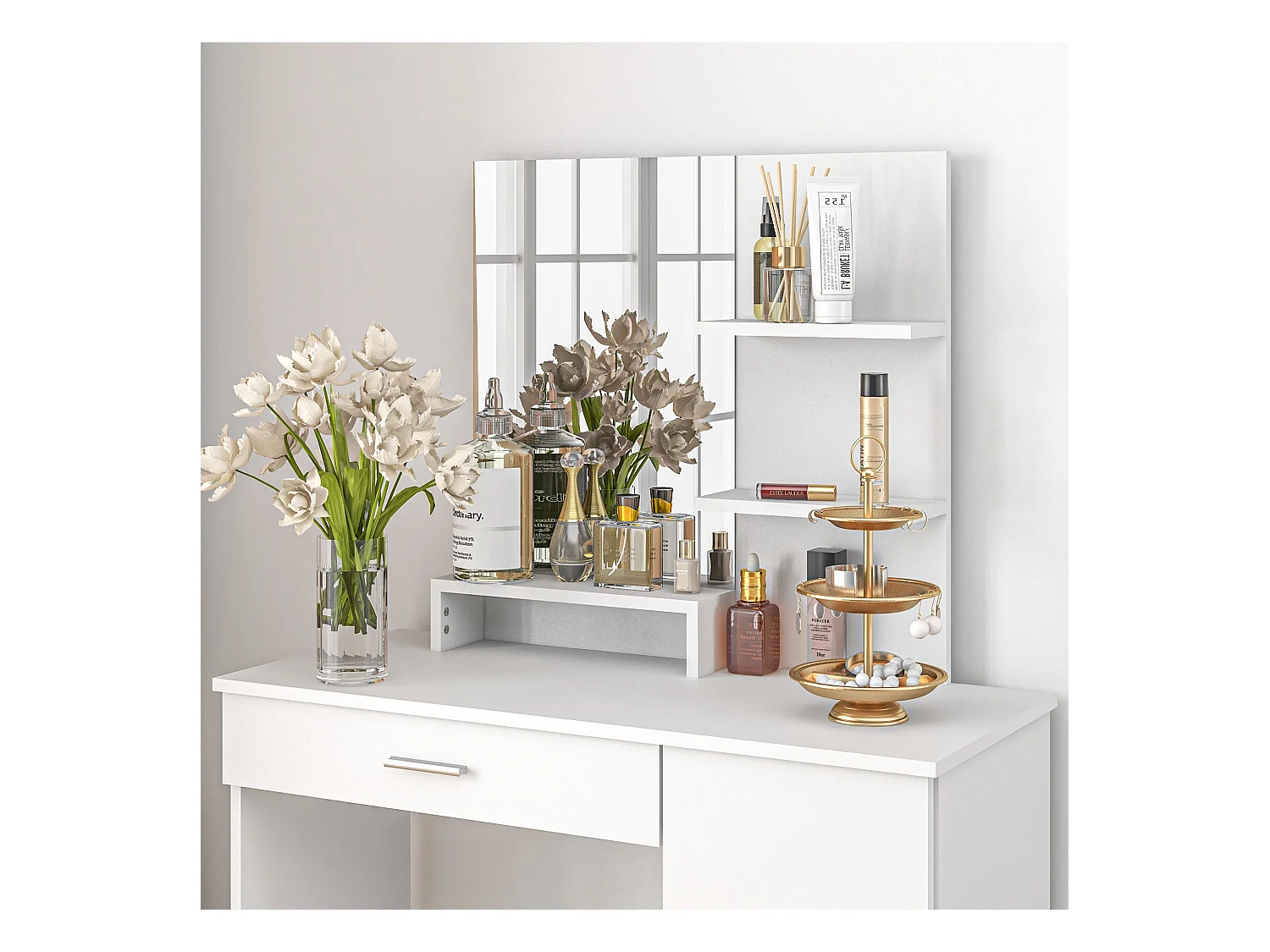 Tavolo per trucco con mobile, cassetto, ripiani e specchio bianco
