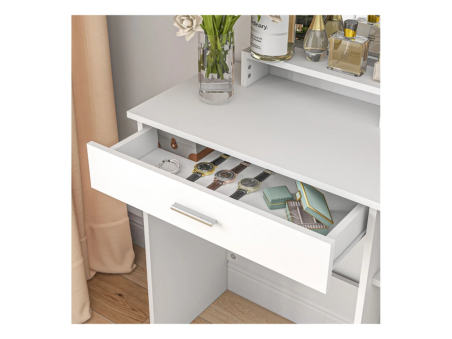 Tavolo per trucco con mobile, cassetto, ripiani e specchio bianco