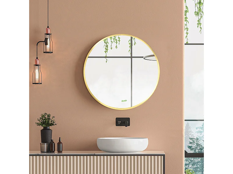 Specchio bagno rotondo con cornice in alluminio ø50x2cm oro